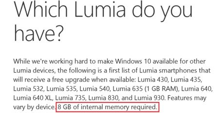 Windows Mobile 10 потребует определенный объем внутренней памяти