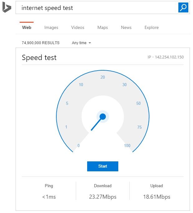Bing will measure the speed of your Internet connection
