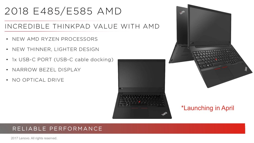 Lenovo готовит ноутбуки ThinkPad E485 и E585 с процессорами AMD Ryzen