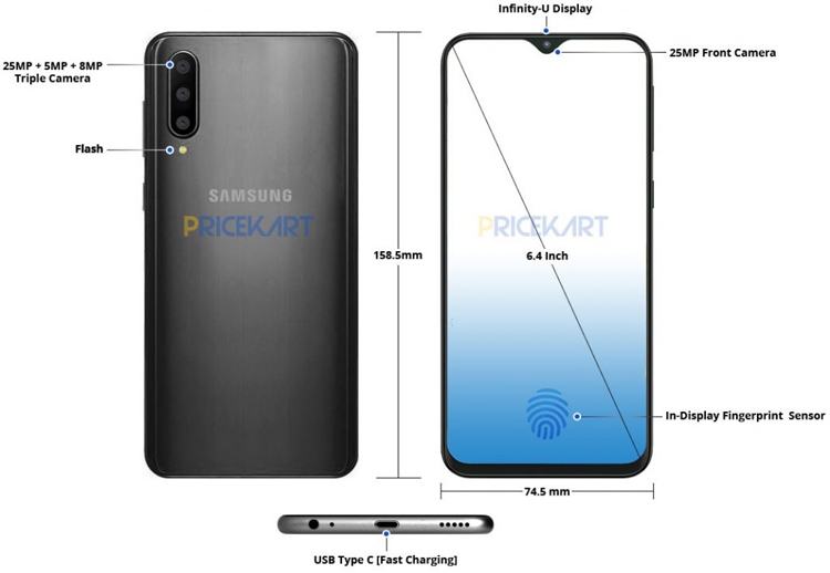 Смартфон Samsung Galaxy A50 з екранним сканером відбитків здався на рендер