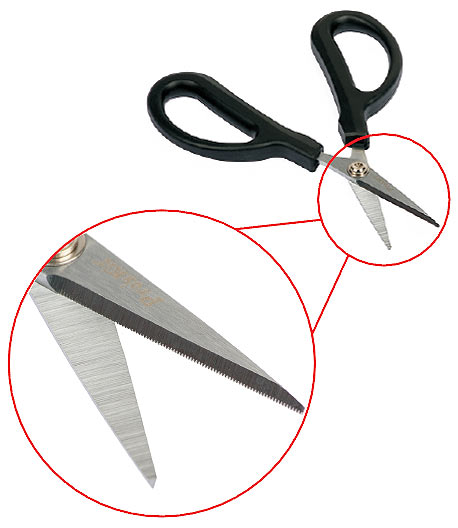 Конструкция ножниц из кевлара - специальные зубья позволяют разрезать твердые и прочные арамидные волокна